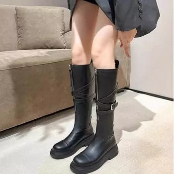Fashion Women s Shoes 2024 High Quality Zip Women s Boots Fashion Belt Buckle Modern Boots Women Hot Sale Round Toe Knee-High Boots 35 чёрный