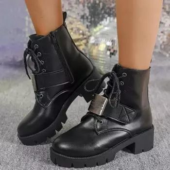 Модная женская обувь 2024 года, горячая распродажа, современные женские ботинки, ботильоны на платформе, женские туфли с круглым носком и боковой молнией на среднем каблуке 35 чёрный