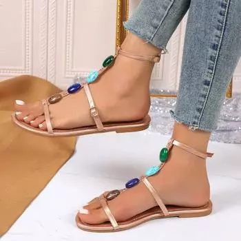 fashion Women s Shoes 2024 Hot Sale One-word Buckle Summer Women s Sandals Mixed Colors Open Toe Square Heels Casual Roman Shoes Ladies 36 шампанского