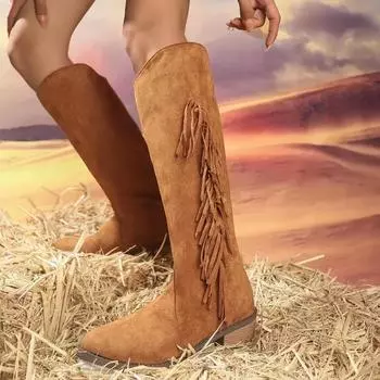 Fashion Women s Shoes 2024 Hot Sale Knee-High Women s Boots Fashion Tassel Modern Boots Women High Quality Slip-on Solid Shoes for Women 36 чёрный
