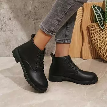 Fashion Women s Shoes 2024 Hot Sale Lace Up Women s Boots Autumn Round Toe Solid Chunky Heels Rubber Concise Short Barrel British Boots 36 чёрный