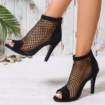 Fashion Women s Shoes 2024 Hot Sale Back Zip Women s Sandals Fashion Mesh Peep Toe Dress Sandals Women Summer Plus Size Sandals Boots 35 чёрный