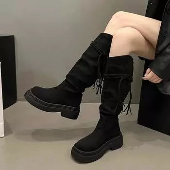 Fashion Women s Shoes 2024 Knee-High Women s Boots Platform Modern Boots Women Round Toe Slip on Braid Fringe Square Heel Female Shoes 35 чёрный