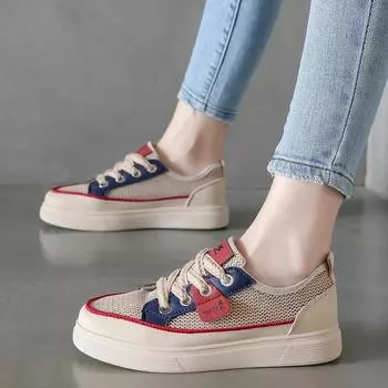 fashion Women s Shoes 2024 Lace Up Women s Vulcanize Shoes Autumn Mixed Colors Breathable Mesh Platform Casual Comfortable Sports Shoes 35 чёрный