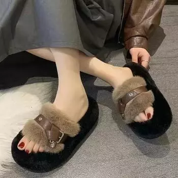 Модная женская обувь 2024 года, новые женские тапочки с открытым носком, осенние замшевые теплые на однотонной платформе, повседневные удобные тапочки Zapatos De Mujer 35 хаки