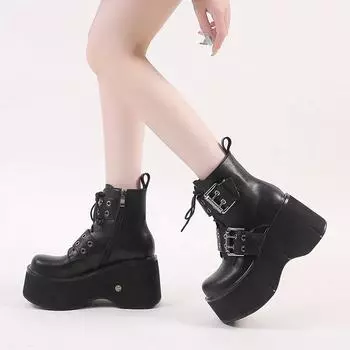 Fashion Women s Shoes 2024 New Side Zipper Women s Boots Fashion Belt Buckle Modern Boots Women Hot Sale Round Toe Platform Ankle Boots 34 чёрный