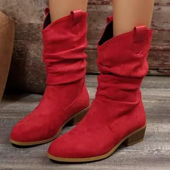 Модная женская обувь 2024 года, новые женские ботинки без застежек, весна-осень, однотонные, с острым носком, на высоком толстом каблуке 36 красный