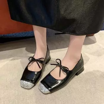 Модная женская обувь 2024 года, новые однотонные туфли с квадратным носком и неглубоким средним каблуком, женская обувь, модные туфли без застежек с бантом на высоком каблуке 35 чёрный