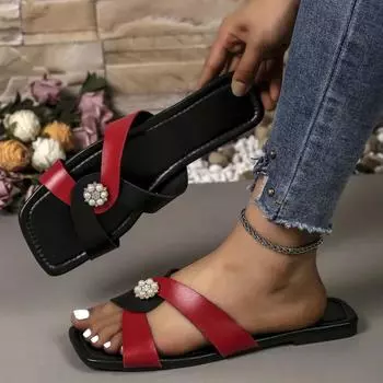 Fashion Women s Shoes 2024 Plus Size Women s Slippers Classics Beach Slippers Women Mixed Colors Pearl Crystal Square Toe Flat Sandals 36 чёрный