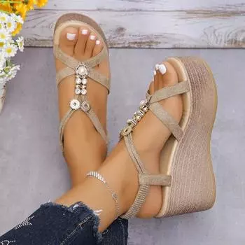 Fashion Women s Shoes 2024 Summer High Quality Women s Sandals Fashionable One-Piece Solid Color Roman Wedge Women s High Heels 35 хаки
