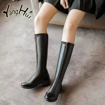 Fashion Women s Shoes Artificial Leather Waterproof Zipper Mid Calf Chelsea Boots 2024 New Fashion Long Tube Heels Pumps Spring Autumn 35 чёрный