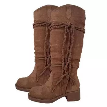 fashion Women s Shoes Bohemia Knee-length Women Boots Ethnic Personality High Boots Tassels Faux Suede Boots Girl Flat Bottom Long Botas 35 коричневый