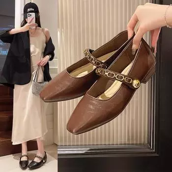 Fashion Women s Shoes Low Heel Mary Janes Elegant Heels Luxury Pumps Black Trendy Comfortable Casual Dress Woman Footwear Barefoot Chain 35 коричневый