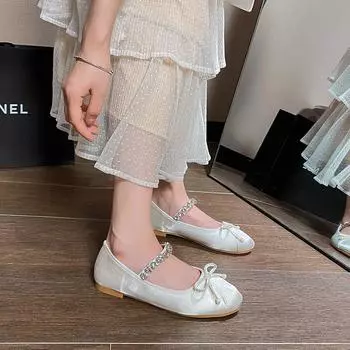 fashion Women s Shoes Mary Jane Shoes Crystal Women s Shoes Soft Leather Comfortable Round Toe Bowknot Silk Satin Ballerina Flats 33 белый