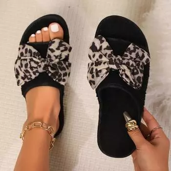 Модная женская обувь, новые женские тапочки с открытым носком, осенние тапочки с леопардовым принтом и галстуком-бабочкой, разноцветные, удобные повседневные тапочки на плоской подошве 37