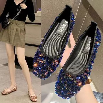 Fashion Women s Shoes New Spring and Autumn Shoes Shallow Mouth Set of Flat Shoes Women s Bean Shoes Women s Sequins Single Shoe Woman 35 синий
