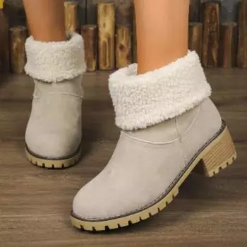 fashion Women s Shoes on Sale 2024 Slip on Ladies Boots Winter Plush Fleece for Warmth Solid Short Barrel Chunky Heels Large Size Boots 35