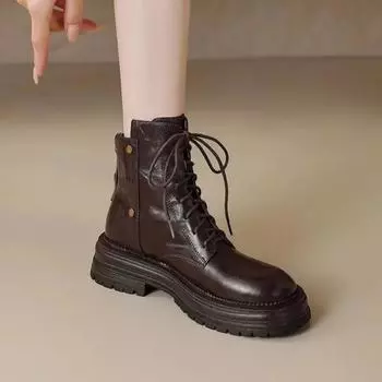 Fashion Women s Shoes on Sale 2024 New Lace Up Women s Boots Autumn Round Toe Solid Mid Heeled Water Proof Commuting British Boots 35 коричневый