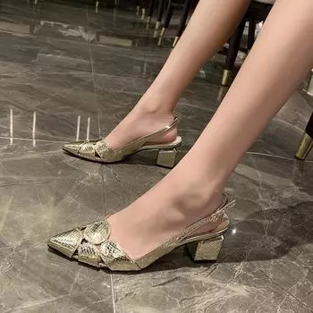 fashion Women s Shoes on Sale 2024 Brand One-word Buckle Women s Pumps Autumn Pointed Toe Solid Chunky Heels Noble Shiny High Heels 35 золотой