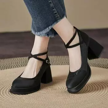 Fashion Women s Shoes on Sale 2024 Fashion Ankle Strap Women s Pumps Autumn Round Toe Buckle Solid Sexy Dress Chunky Heel Shallow Shoes 34