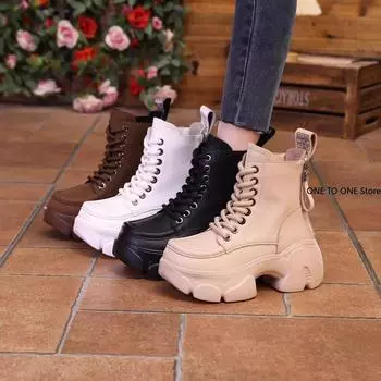 Fashion Women s Shoes on Sale High Quality Lace Up Women Boots Winter Round Toe Mixed Colors Short Barrel Platform Increase Height Boots 35 белый