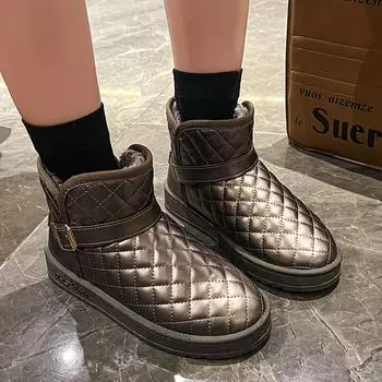 fashion Women s Shoes on Sale Slip on Women s Boots Winter Round Toe Plush Fleece for Warmth Short Barrel Flat Snow Boots Zapatos Mujer 36 бежевый