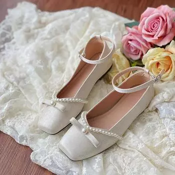 Fashion Women s Shoes Pumps 2024 New Style Spring and Autumn Fashion Square Toe Shallow Pearl Non-slip Flat Shoes Shoes for Women 35 чёрный