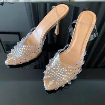 Модные женские туфли из прозрачного ПВХ с бриллиантами на высоком каблуке, женские босоножки на свадьбу с тонким ремешком и открытой пяткой, туфли-лодочки 37