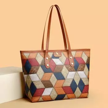 Fashion Women s Shoulder Bag 2024 New Spliced Tote Bag European and American Style Minimalist Diamond Grid Handbag