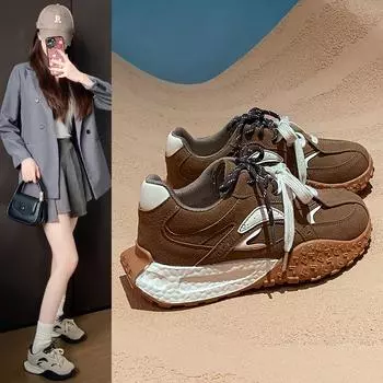 Модные женские туфли-одиночки весна и осень новые спортивные туфли на толстой подошве с двойным ремнем повседневные удобные нескользящие туфли 35 бежевый