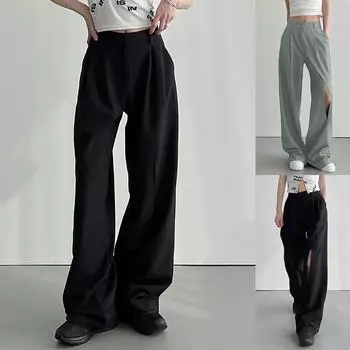 Модные женские тонкие свободные повседневные брюки с открытыми отверстиями и высокой талией, прямые брюки M серый