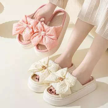 Fashion Women s Slippers 2024 Linen Bow Decorated Platform Slippers Comfort Breathable Fashion Cotton Linen Slippers Pantuflas Mujer 36-37 розовый