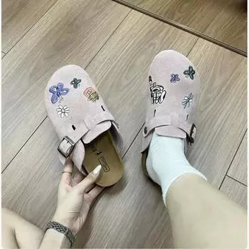 Модные женские тапочки 2024 года, новые туфли-мюли, женские полускользящие туфли на толстой подошве, плоские туфли 35 хаки