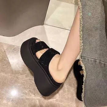 fashion Women s Slippers 2024 Summer High Heel Flat Open Toe Women s Shoes Paired with Dresses Fashion Outdoor Women s Sandals Slipper 35 чёрный