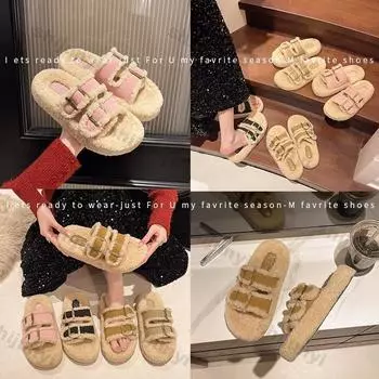Fashion Women s Slippers Belt Buckle 2024 Autumn/winter Thick Soled Boken Plush Fluffy Slippers New Korean Outdoor Fashion Cotton Shoes 35 коричневый