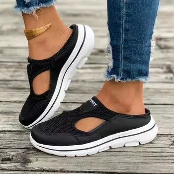Модные женские тапочки из дышащей сетки, повседневные туфли на плоской подошве 2024 года, легкие однотонные женские спортивные тапочки One-step для отдыха на открытом воздухе 36 чёрный