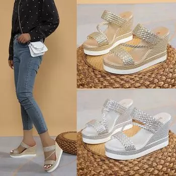 Модные женские тапочки Новые тапочки Женские босоножки на танкетке Летние туфли на высоком каблуке Модные повседневные женские туфли на высоком каблуке на толстой подошве 35 золотой