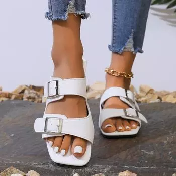 fashion Women s Slippers Square Toe Flat Shoes for Women Slip on Open Toe Slides Outdoor Office Lady Antis-slip metal decoration Sandals 36 белый