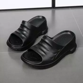 fashion Women s Slippers Summer EVA Solid Color Wedge Heel Open Toe Home Bathroom Slippers Non-slip Soft Thick Bottom Women s Shoes 36-37 бежевый