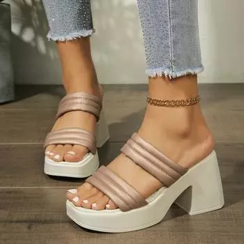Модные женские тапочки Летние туфли с квадратным носком на толстом высоком каблуке Женская обувь Повседневные босоножки на толстой подошве Удобные тапочки Тапочки на высоком каблуке 36 бежевый