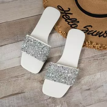 Fashion Women s Slippers, Women s Summer Large Size, Fashionable and Versatile, Wear The New Korean Version of Sequins, Flat Slippers 36 белый