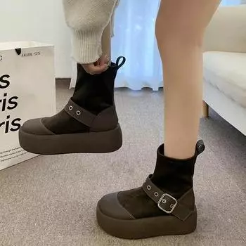 Fashion Women s Socks and Boots Thick Sole Buckle Middle Follow Flat Upper Ankle Boots Anti-slip Rubber Sole Suede Platform Shoes 2024 35