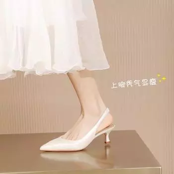 fashion Women s Stylish Baotou Sandals 2024 Summer New Pointy Mid-heel High Heels White Single Shoe Fairy Shoes 35 бежевый