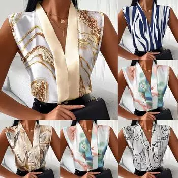 Модные женские летние повседневные топы с V-образным вырезом и рукавами, жилет, блузки с принтом L синий