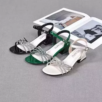 Fashion Women s Summer New Bright Face Thick Heel Sandals Water Diamond Open Toe One line with Square Head Middle Heel Sandals 35 зелёный