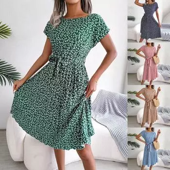 Fashion Women s Summer Round Neck Casual Fashion Printed Pullover Dress L синий