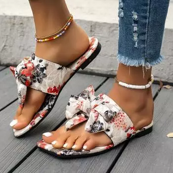 Fashion Women s Summer Slippers 2024 New Floral Sparkling Gold Ribbon Bow Trendy and Comfortable Flat Heel Herringbone Slippers 36