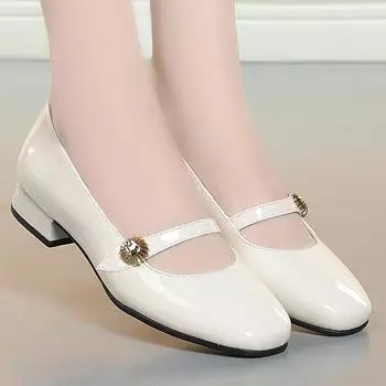 fashion Women s Summer Square Toe Single Shoes On Metal Decoration Flower Leisure Outdoor Lady Sweet Shallow Mouth Low-heeled Patent 35(Foot22.5cm)