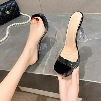 Модные женские туфли на высоком каблуке, летняя распродажа на открытом воздухе 2024 года, современные тапочки с квадратным каблуком, сексуальные женские тапочки на высоком каблуке, без застежек 34 серебряный