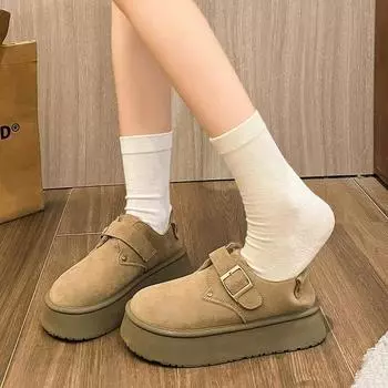 Fashion Women s Thick-soled Shallow-cut Snow Boots Plush Lining Round Head Sleeve Platform Shoes Suede Keep Warm Buckle Shoes for Women 35 абрикосовый